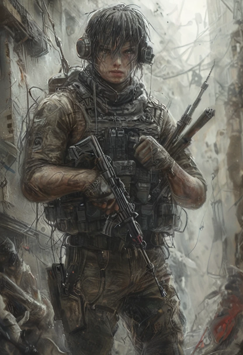 High Quality illustration,ultra detailed, Beautiful picture of A painting a Soldier, Weapons in your hands,,16k, blurry, masterpiece, cinematic, monochrome,, oil painting 