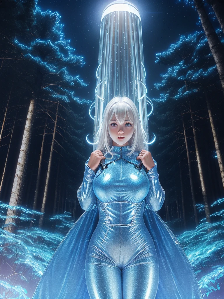 (shiny white skin:1.4),(shiny girl with ramble gigantic breast:1.4),(cute face:1.2) , (white hair:1.2),(mysterious blue glowing trees at night :1.3) ,(metallic tight coverall:1.5),(bangs:1.2)