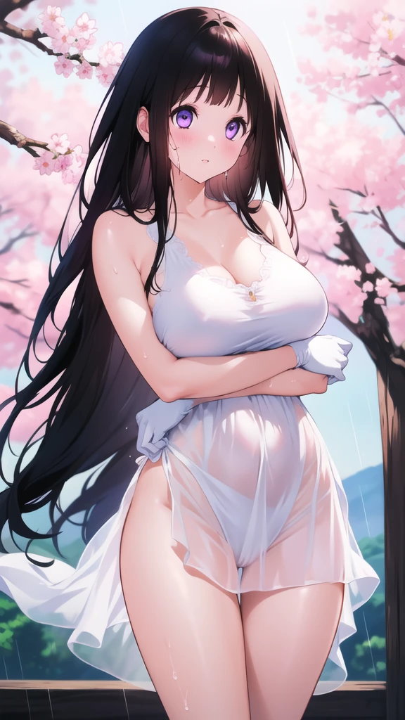 Amazing Chitanda, There is only one beautiful girl,Purple Eyes, Black Hair, Very red face,Very white skin,Glowing skin,Skin as delicate as porcelain,Naturally straight hair, Straight bangs,Extremely refined,Open lips,Long flowing hair,Beautiful Girl, Like a dream,Slim,Slim waist,Soft, (Sensual), (Kawaii), Dream quality,Beautiful big breasts,Sheer loose dress,Areola,Completely naked,Lower edge of breast,White gloves,Flower decoration,Deep V neckline,Loose neckline,Wide neckline,In school,The wind blows the hair,Place your hands on your inner thighs,Thighs clamp hands,Wet skin,Sweaty and sweaty,Sweating all over,it is raining,Next to the cherry blossom trees,Back to,Lean over,Hips,Side body,Gluteal groove,Completely naked的臀部,Bare back,Completely naked的背部,Light transmission,(no pants),nopan,pussy juice,Bare shoulders,There are no shoulder straps,Bare neck,Exposed collarbone,Exposing breasts,Exposing breasts侧面,Exposing breasts下面,Show your waist,Show your buttocks,Show your thighs,Exposing the groin,(No pants),extremely shy,Ultra-high resolution, (masterpiece:1.2, best quality), (Delicate and beautiful eyes: 1.2), (Beautiful and delicate face)