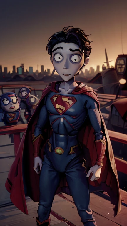best quality,masterpiece,1boy,solo,(((13years old))),japanese boy,an extremely cute and handsome boy,highly detailed beautiful face and eyes,petit,cute face,lovely face,baby face,shy smile,show teeth, Black hair,Short hair,flat chest,skinny,slender,(((wearing a Superman costume,red cape))),(((standing in TimBurton animation style metropolis city))),he is looking at the viewer,