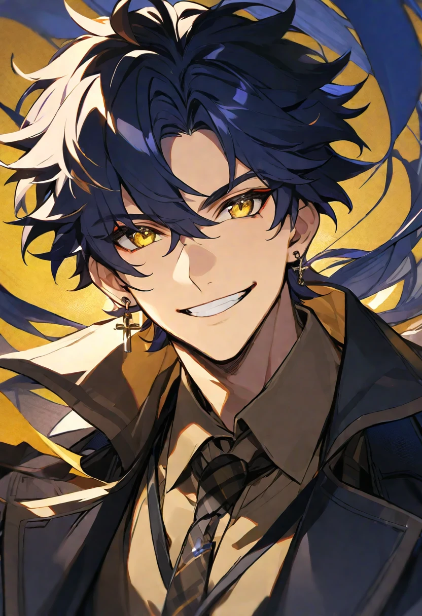 Solo,1 male, dark blue hair, yellow eyes, cross earring, black coat, light brown shirt, detective, smile facial