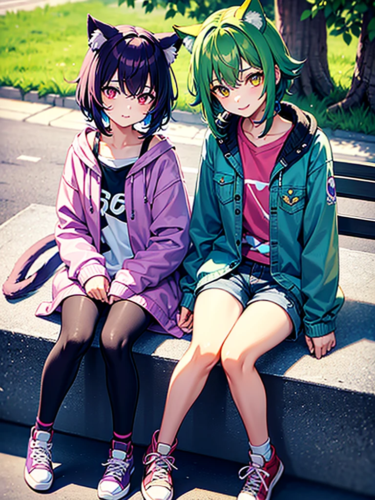 1boy, cat boy, (cat tail, two tails, blue taiks, fluffy tail, long tail), solo, short hair, curly hair, brown hair, long bangs, multicolored bangs, (brown hair, green hair, blue hair, purple hair, red hair, pink hair, blonde bangs), multicolored eyes, (red eyes, yellow eyes), simple shirt, purple shirt, heart shirt, denim jacket, open jacket, denim shorts, sneakers, candy stickers on jacket, holfing a drawing, looking at viewer, cute, innocent, cheerful, happy, masterpiece, best quality, city, puffy clouds, from above, looking at viewer, sitting on a park bench under a tree,