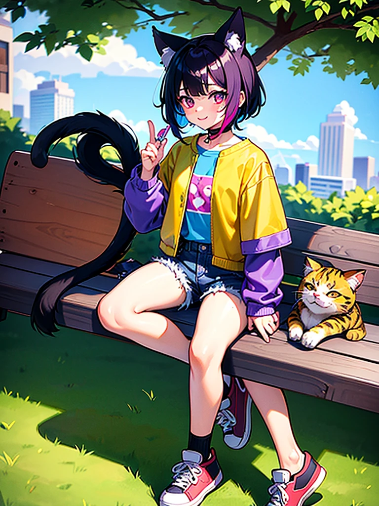 1boy, cat boy, (cat tail, two tails, blue taiks, fluffy tail, long tail), solo, short hair, curly hair, brown hair, long bangs, multicolored bangs, (brown hair, green hair, blue hair, purple hair, red hair, pink hair, blonde bangs), multicolored eyes, (red eyes, yellow eyes), simple shirt, purple shirt, heart shirt, denim jacket, open jacket, denim shorts, sneakers, candy stickers on jacket, holfing a drawing, looking at viewer, cute, innocent, cheerful, happy, masterpiece, best quality, city, puffy clouds, from above, looking at viewer, sitting on a park bench under a tree, 