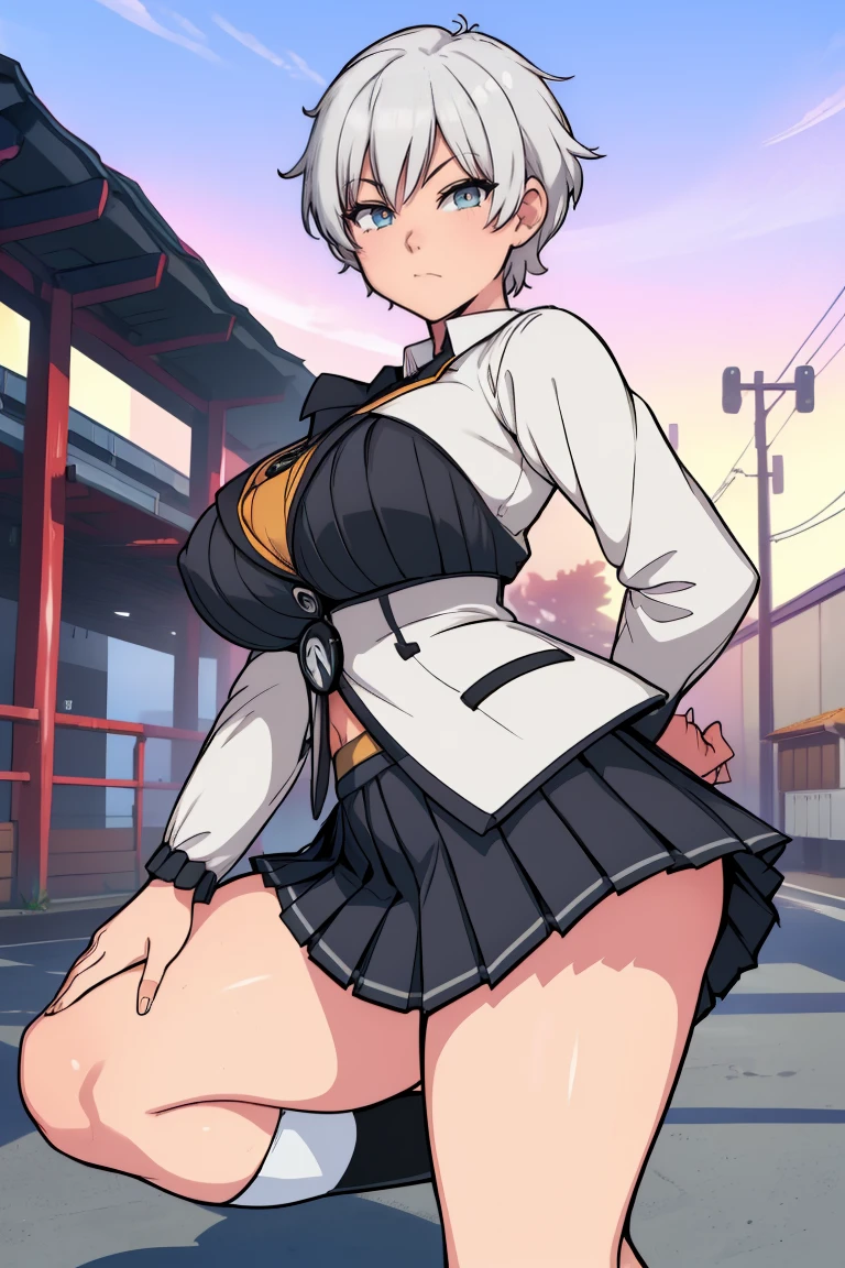 (White long sleeve collared shirt:1.1), (Huge breasts:1.2), Modern Japan, School rooftop, smile, (Very short pleated mini skirt:1.4), Knee, Thighs, , (Black blazer:1.3), Short Hair, (miyabi_face:1.2), Short Hair,, Silver Hair