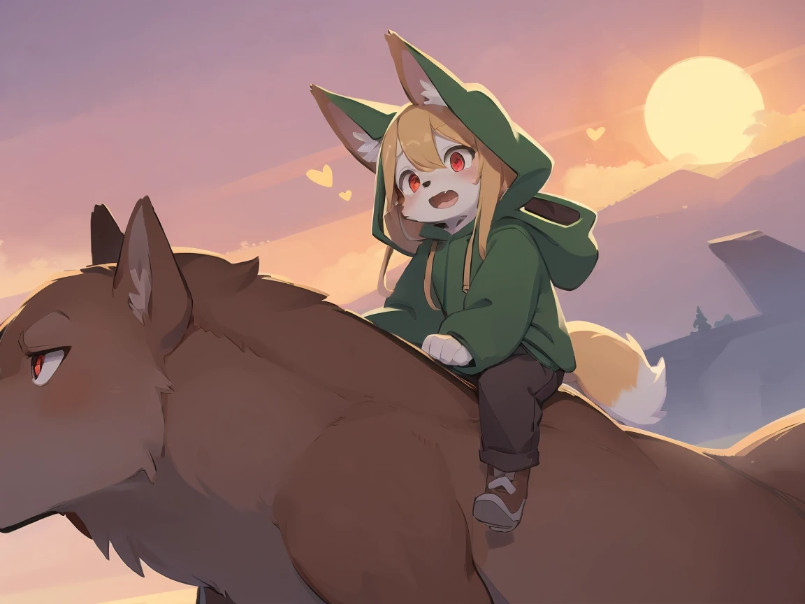 the fox, , was hairy, shaggy, skin fur, smooth lashes, golden fur, forelimb hands, straight long blonde hair, solid circle eyes, golden ears, golden fur, golden facial fur, shiny hair, red eyes, heart-shaped eyes, super cute face, 1fox tail, fluffy tail, furry tail, glowing eyes, green coat green hood down, brown trousers, riding the large dog, open mouth, pain face, embarrassed, ambient light, ultra-fine fur, dashed eyes, full body, masterpiece, high quality, high-details, best quality, (((solo))), twilight, sun light, red sky, rim light