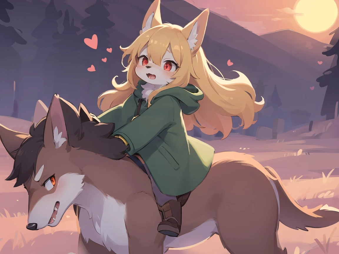 the fox, , was hairy, shaggy, skin fur, smooth lashes, golden fur, forelimb hands, straight long blonde hair, solid circle eyes, golden ears, golden fur, golden facial fur, shiny hair, red eyes, heart-shaped eyes, super cute face, 1fox tail, fluffy tail, furry tail, glowing eyes, green coat green hood down, brown trousers, riding the large dog, open mouth, pain face, embarrassed, ambient light, ultra-fine fur, dashed eyes, full body, masterpiece, high quality, high-details, best quality, (((solo))), twilight, sun light, red sky, rim light