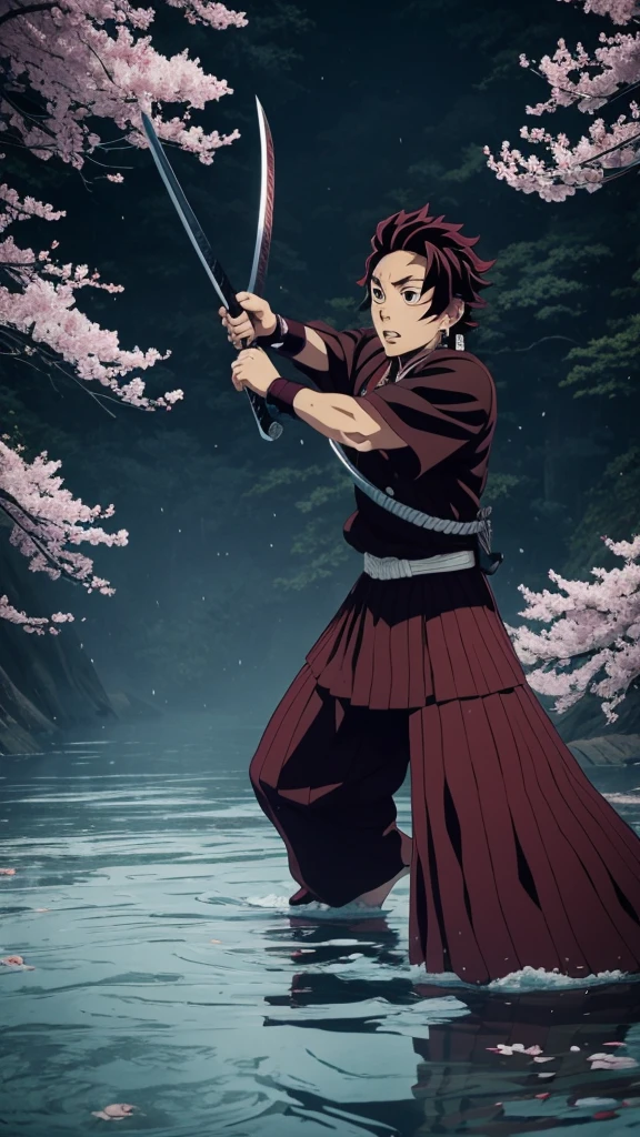 "Create a highly detailed image of Tanjiro Kamado from Demon Slayer in a traditional Japanese art style. He should be depicted in a dynamic action pose, mid-swing with his Nichirin Blade, performing a Water Breathing technique. The background should include a night scene with a full moon, misty forest, and traditional Japanese elements like torii gates and cherry blossoms. Tanjiro's expression should be fierce and determined, showcasing his intense focus and resolve. His Demon Slayer uniform and signature hanafuda earrings should be clearly visible, with intricate detailing on his outfit and sword. The overall atmosphere should be dramatic and immersive, capturing the essence of the Demon Slayer series."
