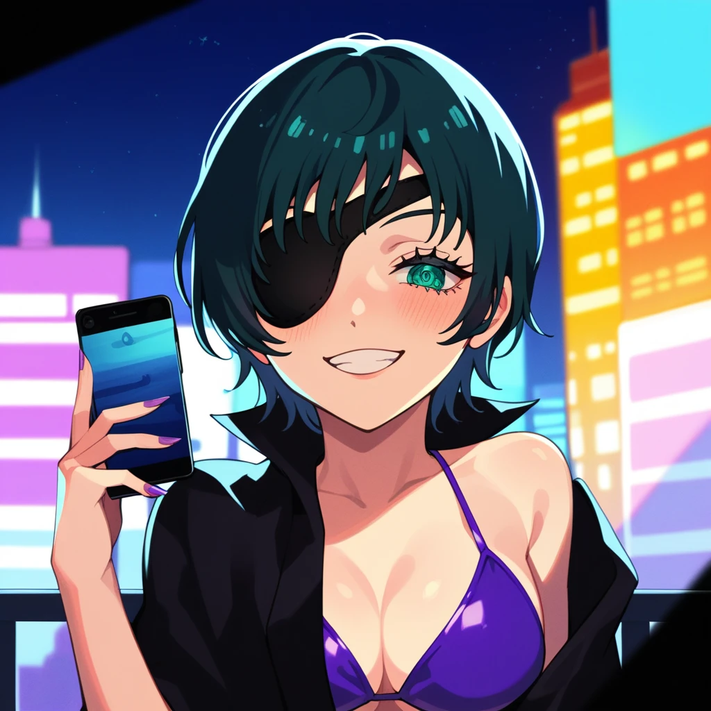 mature female, mature, Adult, himeno, himeno(Chainsaw Man), POV, 1girl, black hair, short hair, eyepatch, solo, blush, phone, psychedelic effect, display of phone, showing display, octopus symbol, seductive smile, grin, Villains, chest, View your audience, Night town, City, skyscraper, Night, Dark, latex purple bikini under the black cape, masterpiece, Top animation quality，Top image quality,