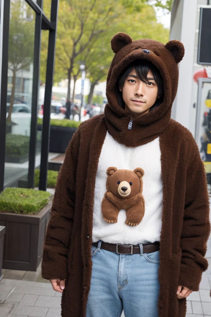 Realistic bear costume, full body, male, Japanese, eyes only