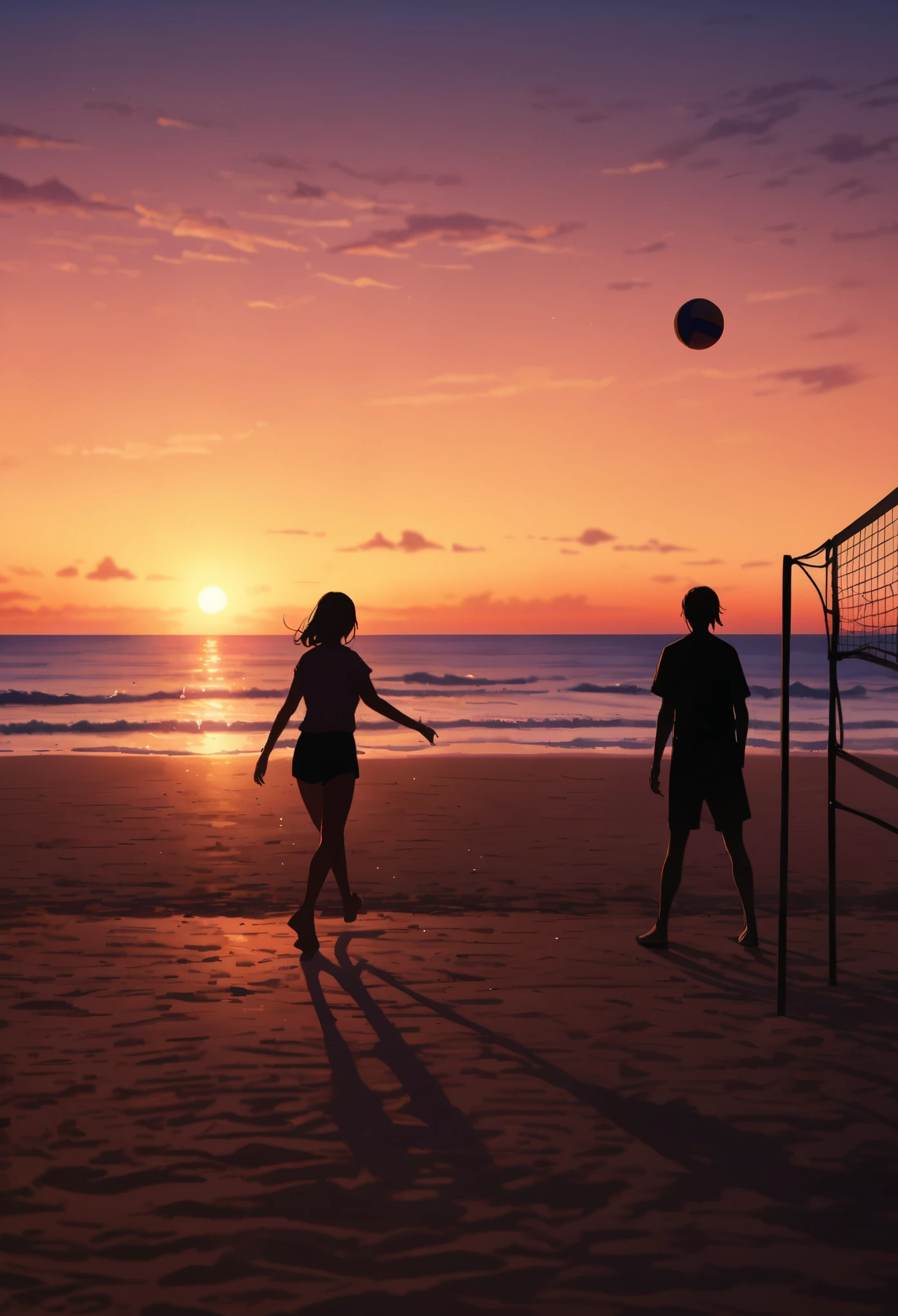 Beach volleyball court, Lonely, Abandoned beach court, Coastal, evening, Beach volleyball court silhouette, Quiet waves, Darkening sky, Magic Hour, sunset ,Lonely空間, masterpiece:1.2, Very detailed, 8K, Bright colors, Natural light.