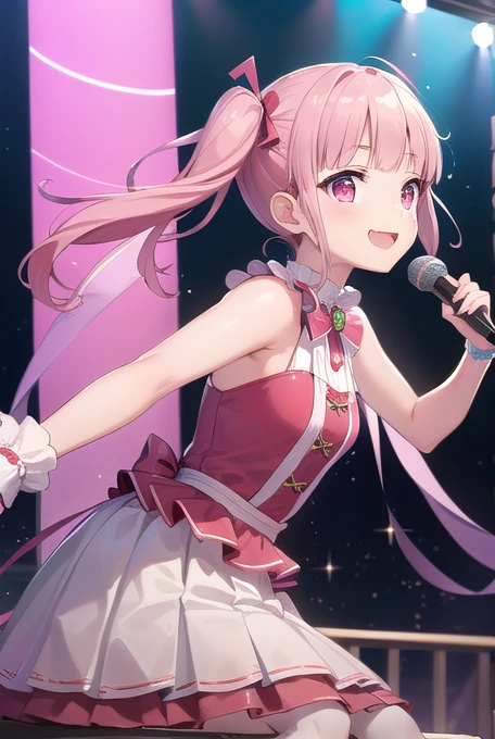 ((masterpiece、Highest quality))1 Girl、Lori、Loriコン、っぽい、cute、cute、My Favorite 、solo、Idol、Pink Skirt、Pink Hair、Twin tails、Pink eyes、Idol、チャイナIdol、album、smile、smile、dance、sing、Line of sight、Sparkling、Red cheeks、Vocalist、 cuteポーズ、Loud cheers、Surrounded by music、Sitting、Leaning forward、Shoulder Bare、