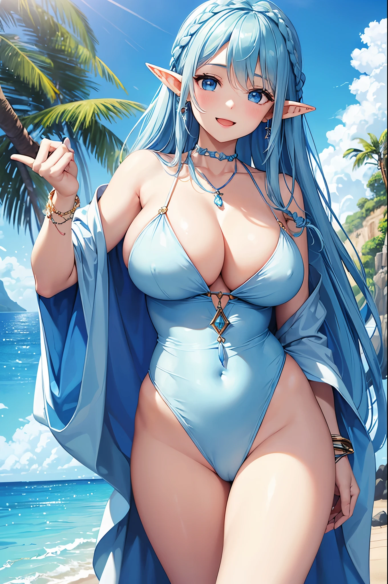 Highest quality、Highest quality、masterpiece、(8K resolution),beauty(Age 25)、(Mature Appearance)、Light blue long hair(Braiding of sides)、blue eyes、((Naked))、(Elf)、Big cleavage、((Big Breasts))、smile、blue necklace、Blue Earrings、background(Beach)、Please open your mouth wide、bracelet、Dynamic pose、Blue choker