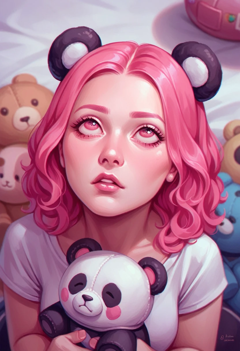 masterpiece, Highest quality,One Girl,Pink Hair,Pink Eyes,Very detailed,a bit,Panda costume,Looking up at the audience,stuffed toy ,UFO catcher seen from above, Character Doll,
