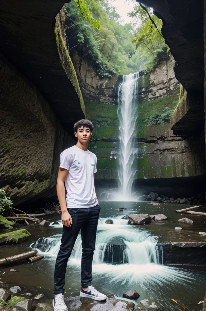 A young man who went to visit to waterfall