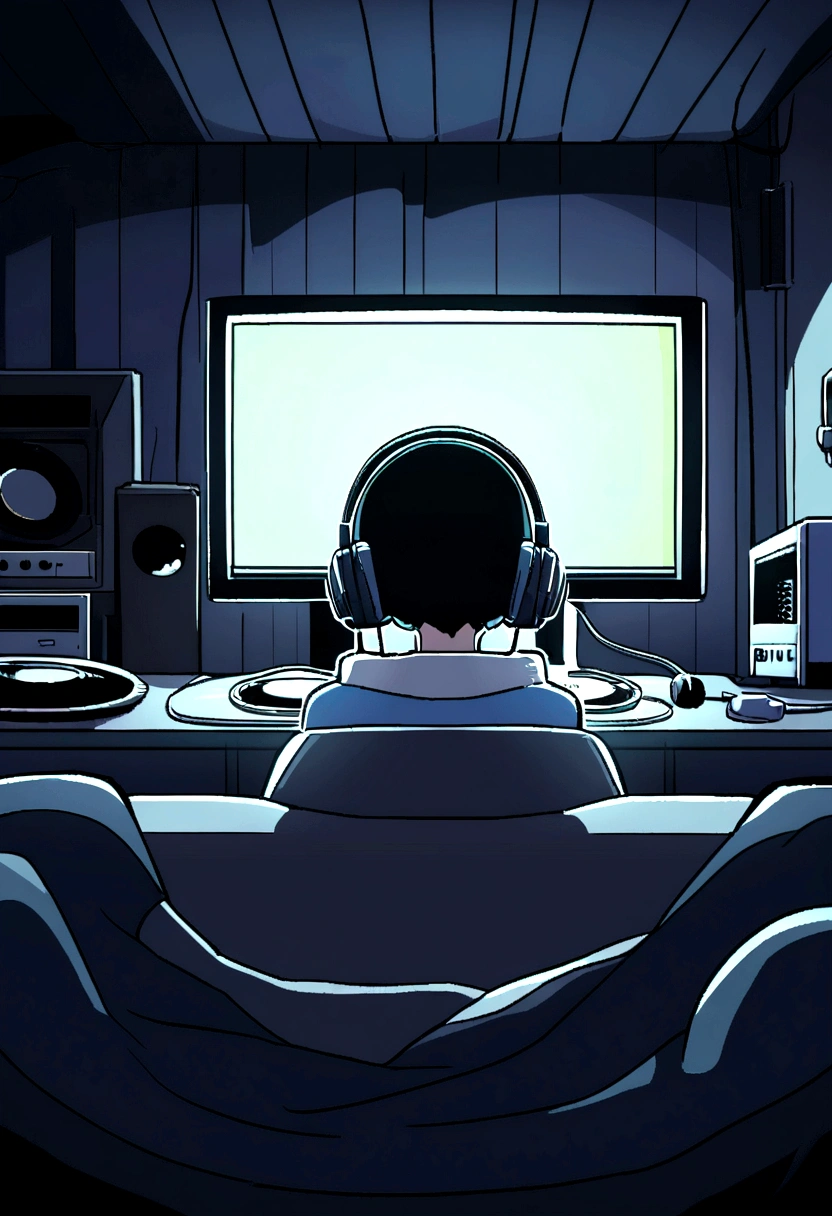 night、Cat listening to music in a cozy room, Use headphones, 2D Style Anime, Lo-Fi, hard disk, Dark Environment