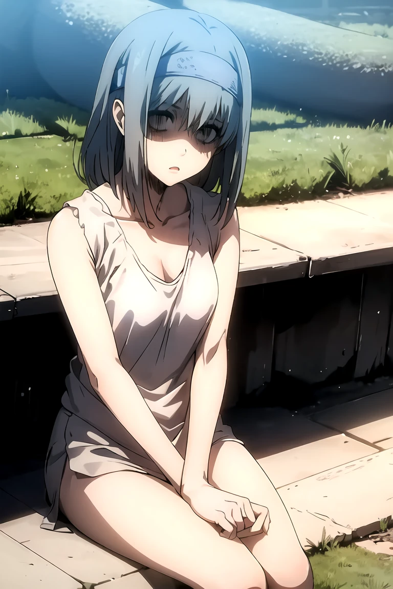 1girl, medium hair, sitting, empy eyes, headband