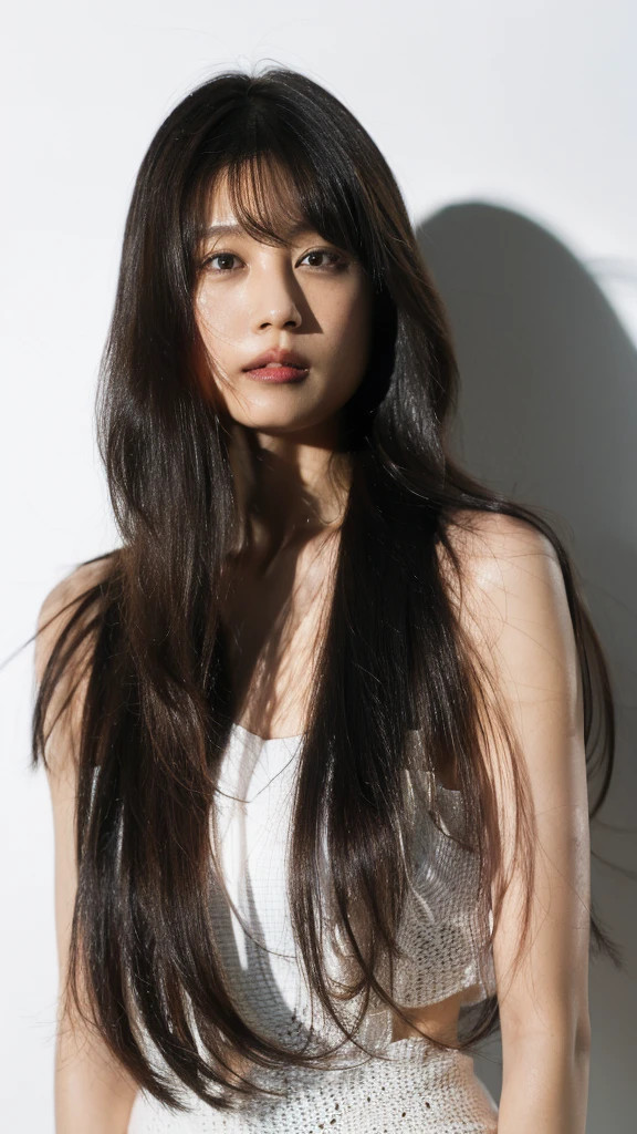 Beauty,Long hair,Black Hair,Black eyes,Ultra-clear,reality,a flower,Clean background。