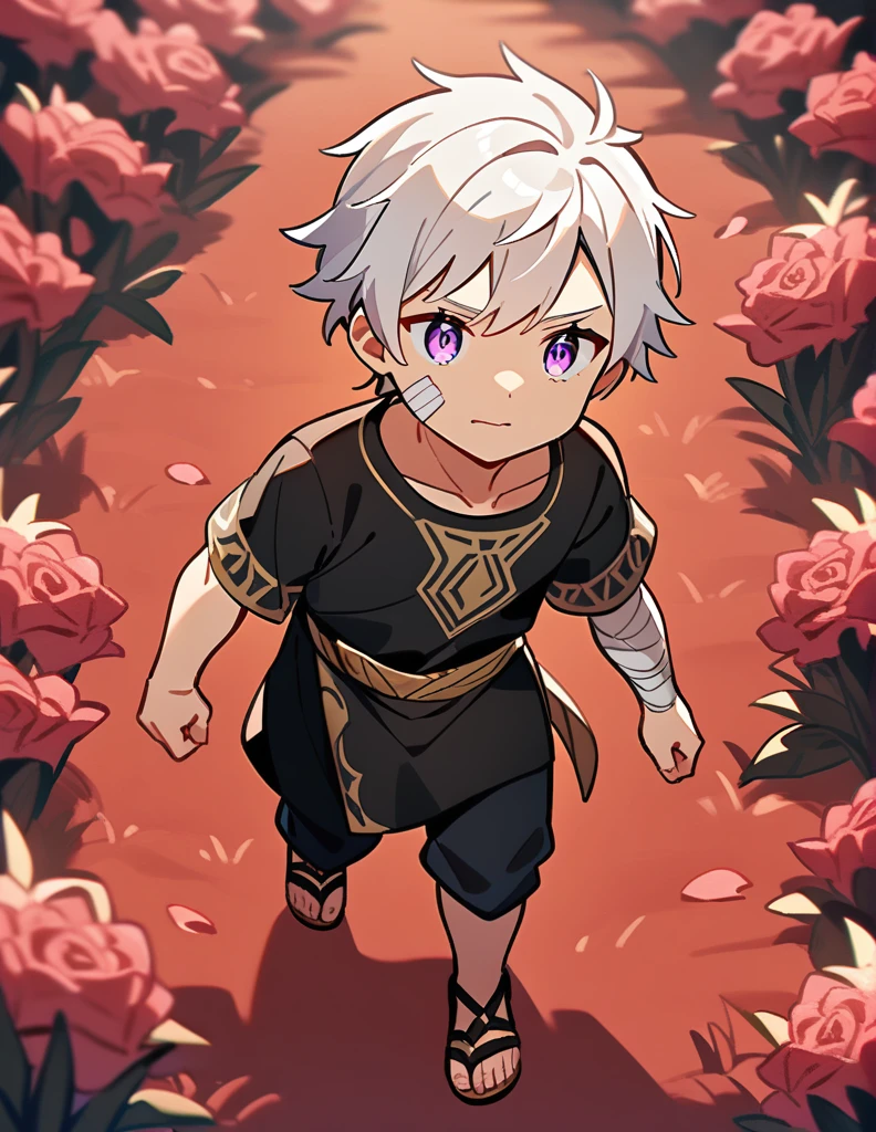 small Greek boy with white hair, violet eyes, wearing a black Greek shirt and ancient sandals, with bandages on his cheek and arm, walking in a red grass garden with rose and marble decorations