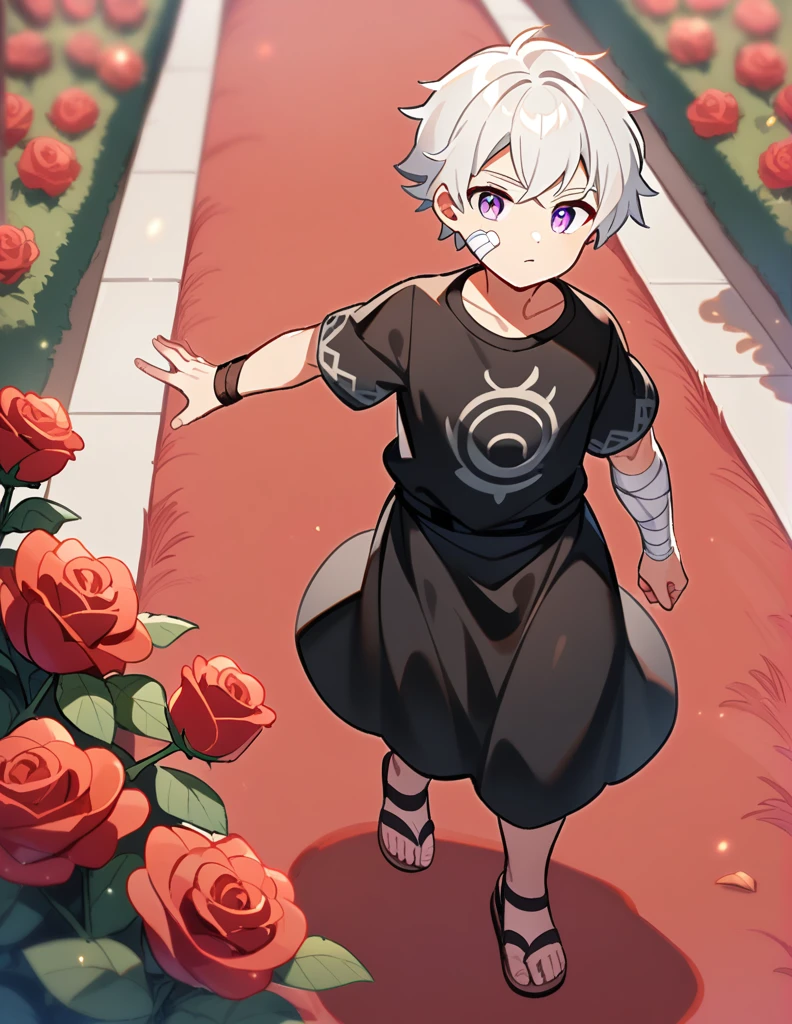 small Greek boy with white hair, violet eyes, wearing a black Greek shirt and ancient sandals, with bandages on his cheek and arm, walking in a red grass garden with rose and marble decorations