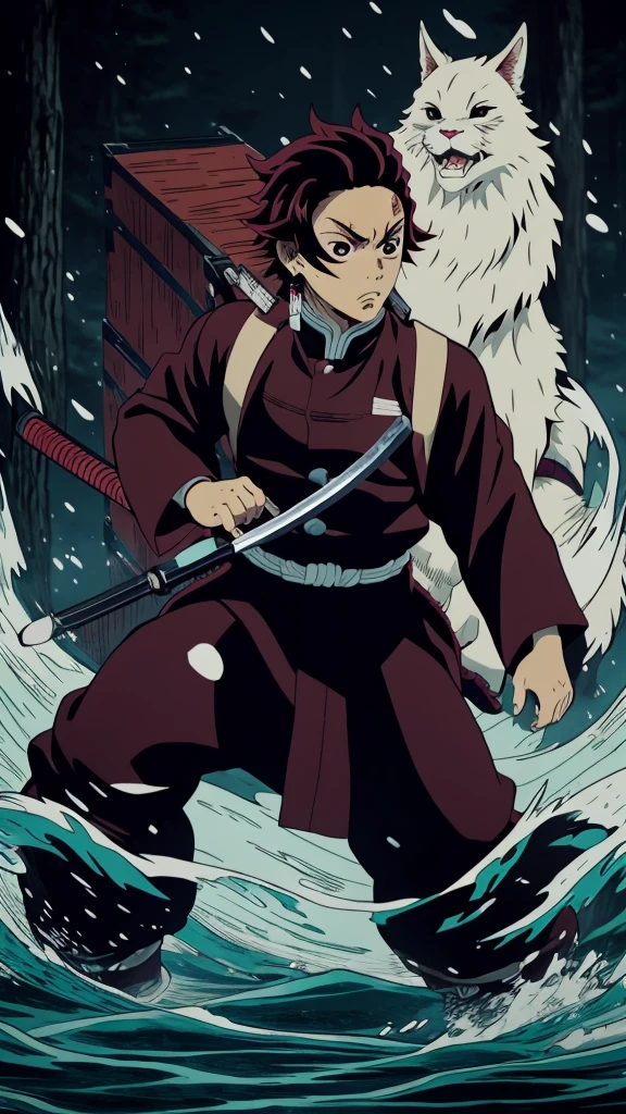 "Create a highly detailed image of Tanjiro Kamado from Demon Slayer in a traditional Japanese art style. He should be depicted in a dynamic action pose, mid-swing with his Nichirin Blade, performing a Water Breathing technique. The background should include a night scene with a full moon, misty forest, and traditional Japanese elements like torii gates and cherry blossoms. Tanjiro's expression should be fierce and determined, showcasing his intense focus and resolve. His Demon Slayer uniform and signature hanafuda earrings should be clearly visible, with intricate detailing on his outfit and sword. The overall atmosphere should be dramatic and immersive, capturing the essence of the Demon Slayer series."