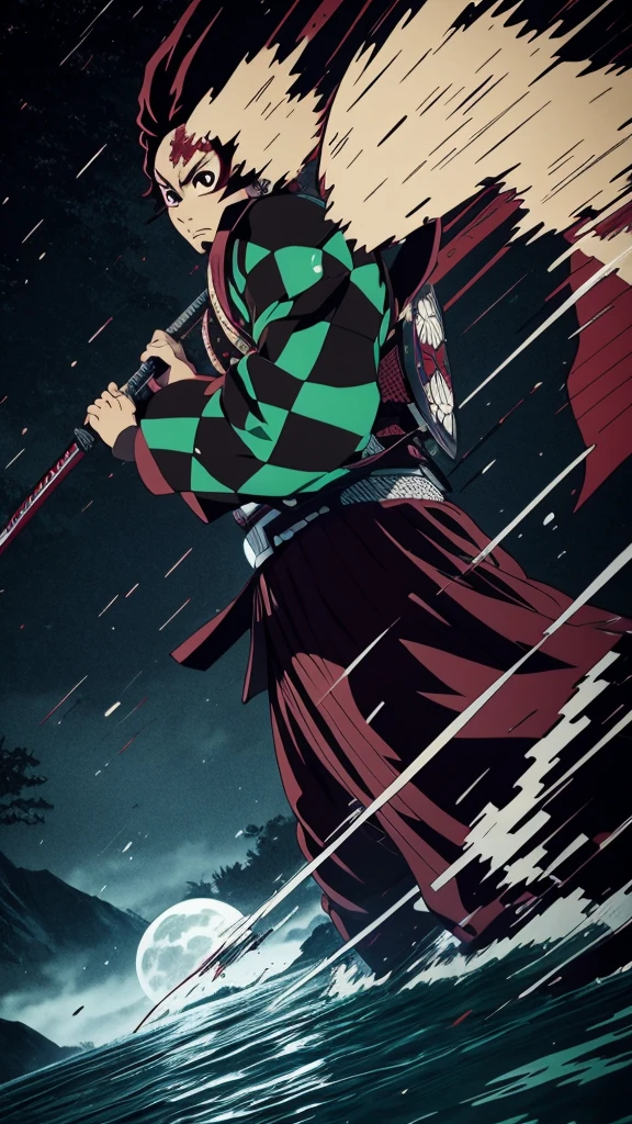 "Create a highly detailed image of Tanjiro Kamado from Demon Slayer in a traditional Japanese art style. He should be depicted in a dynamic action pose, mid-swing with his Nichirin Blade, performing a Water Breathing technique. The background should include a night scene with a full moon, misty forest, and traditional Japanese elements like torii gates and cherry blossoms. Tanjiro's expression should be fierce and determined, showcasing his intense focus and resolve. His Demon Slayer uniform and signature hanafuda earrings should be clearly visible, with intricate detailing on his outfit and sword. The overall atmosphere should be dramatic and immersive, capturing the essence of the Demon Slayer series."
