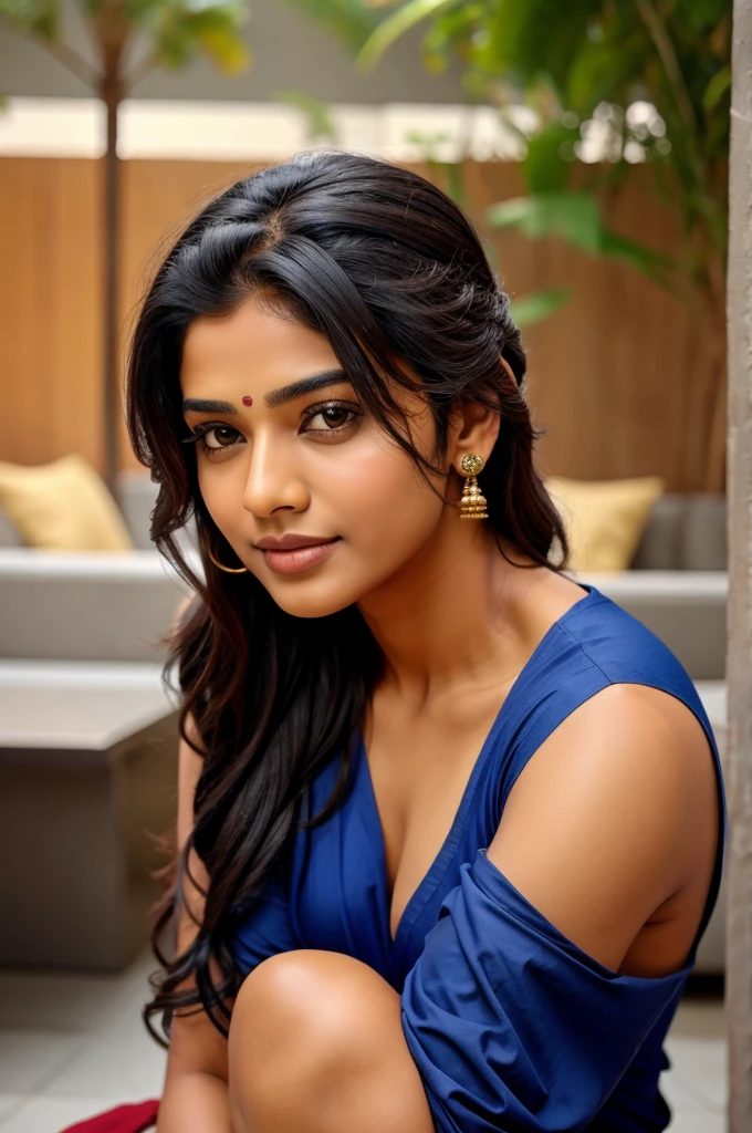 Indian girl, beautiful , smily face, wearing black frock, looking very simple desi girl, sexy pose, close look