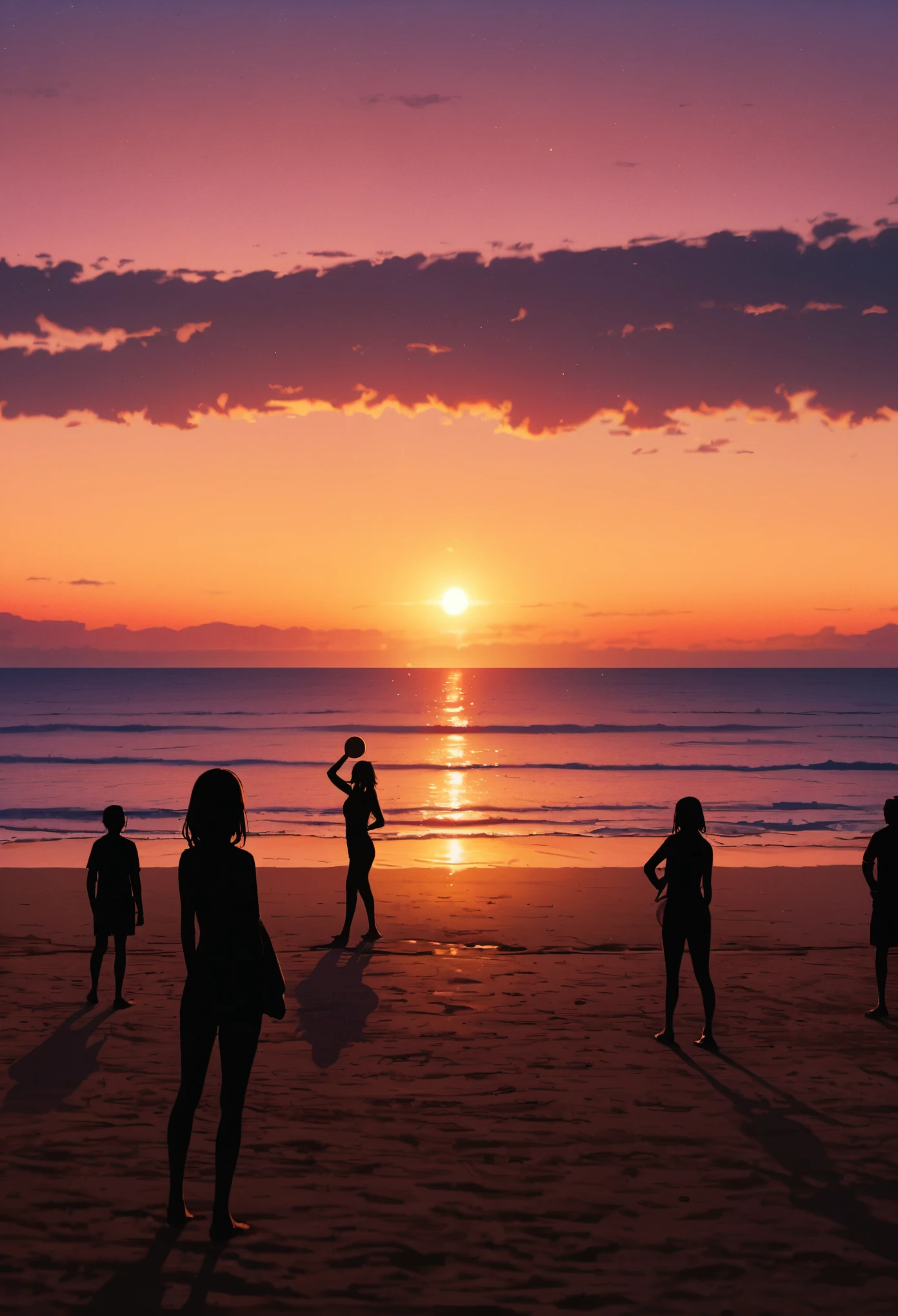 Beach volleyball court, Lonely, Abandoned beach court, Coastal, evening, Beach volleyball court silhouette, Quiet waves, Darkening sky, Magic Hour, sunset ,Lonely空間, masterpiece:1.2, Very detailed, 8K, Bright colors, Natural light.