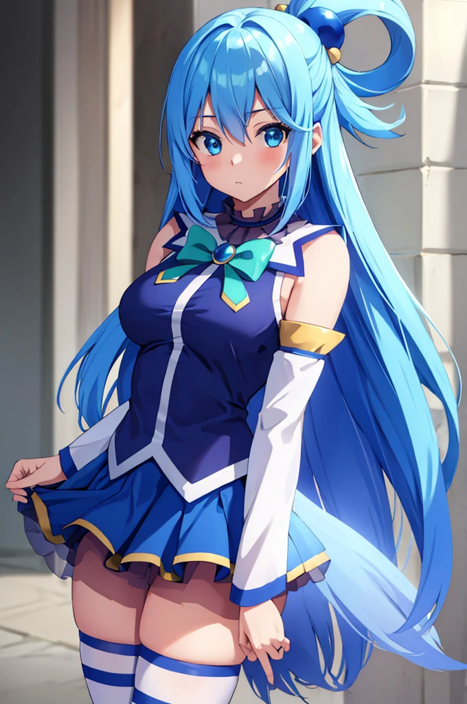 (masterpiece:1.3), (best quality:1.1), (8k, ultra detailed, ultra high res:1.2), ((anime style)), perfect 5 fingers, perfect anatomy, 
1girl,
Aqua \(konosuba\),
long hair, single hair ring, 
blue hair, 
(blue eyes:1.2), (beatiful detailed eyes:1.2), 
green bow, 
medium breasts, 
BREAK blue shirt, blue skirt, white thighhighs, bare shoulders, detached sleeves, zettai ryouiki, 
looking at viewer, 
cowboy shot, 
standing, 
natural light, 