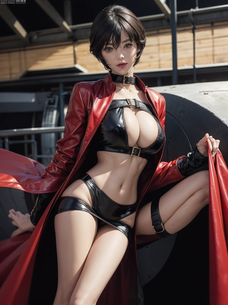 Very Short Hair, (masterpiece、highest quality、Official Art), Beautiful face and dark eyes, Look down, Looking at the audience:1.5, Big smile, Wet Hair, Small Top, Red jacket, Long black boots, garter belt, (Black bondage suit:1.2), Red collar, Red choker, Futuristic black leather mask, Glowing Skin, Standing with your legs apart, Spread your legs wide, Realistic:1.9, Very detailed, Full Body Shot:1.2, Super Heroine, High-resolution RAW color photos, High Detail, Ultimately realistic details, Ultimately realistic texture, Ultimate in exquisite detail, Professional photos, Sexy portrait of a girl, Voluptuous bust, Narrow waist, Cleavage, Trained abdominal muscles, BIG ASS, Complete the whole body, Full body image, No underwear, highest quality, ((background:In town:1.4)), suzune, suzune's clothes