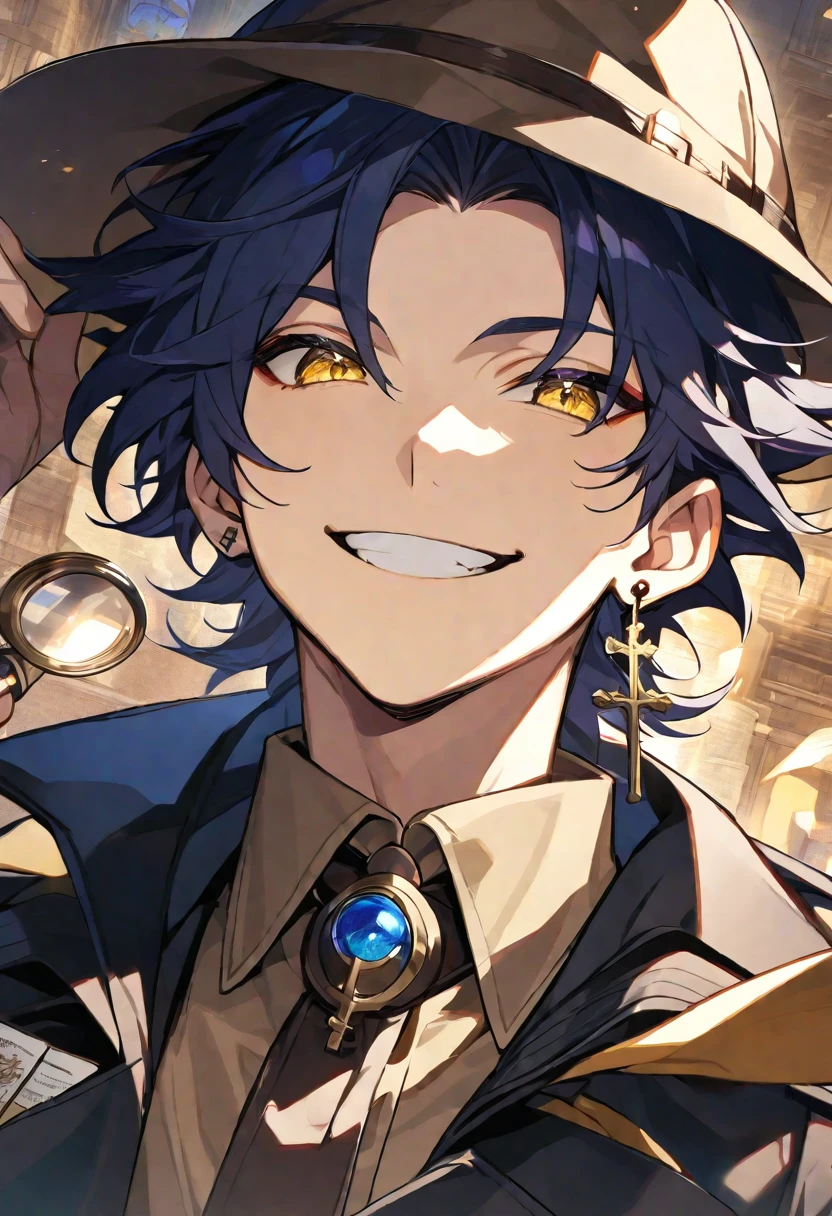 Solo,1 male, dark blue hair, yellow eyes, cross earring, black coat, light brown shirt, detective, smile facial