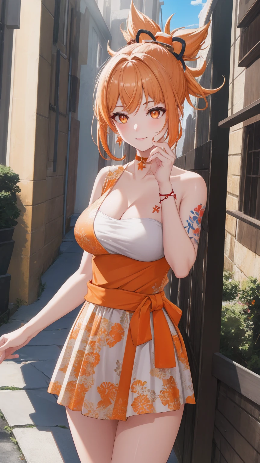 (day:1.7), standing in front of  a building in the background,
red dress with a yellow bow tie and earrings,
yoimiya, arm tattoo, choker, hair ornament, light brown hair, long hair, (orange eyes:1.5), red choker, sidelocks,
1 girl, 20yo,young female,Beautiful Finger,Beautiful legs,Beautiful body,Beautiful Nose,Beautiful character design, perfect eyes, perfect face,
looking at viewer, (innocent_big_eyes:1.0),(expressionless:1.3),seductive pose.teasing smile, 
NSFW,official art,extremely detailed CG unity 8k wallpaper, perfect lighting,Colorful, Bright_Front_face_Lighting,
(masterpiece:1.0),(best_quality:1.0), ultra high res,4K,ultra-detailed,
photography, 8K, HDR, highres, absurdres:1.2, Kodak portra 400, film grain, blurry background, bokeh:1.2, lens flare, (vibrant_color:1.2)
(Beautiful,medium_Breasts:1.4), (beautiful_face:1.5),(narrow_waist),(perfect anatomy,perfect fingers),