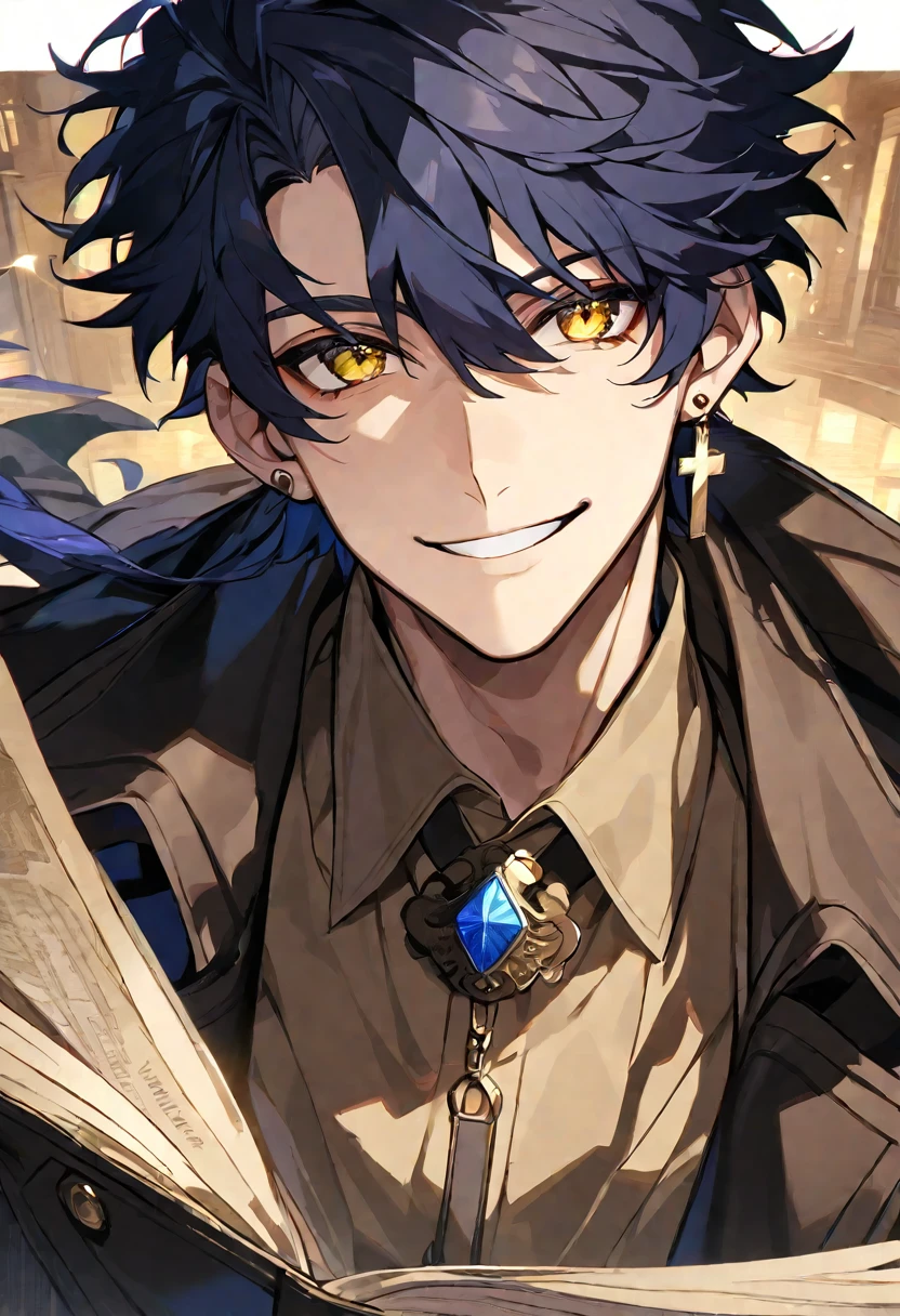 Solo,1 male, dark blue hair, yellow eyes, cross earring, black coat, light brown shirt, detective, smile facial