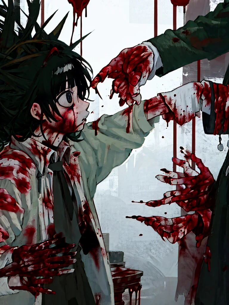 anime character with Blood dripping down his face and hands, gapmoe sick, gapmoe sick grimdark, sick, portrait gapmoe sick grimdark, danganronpa digital art, his eyes are, Bloody + concept art, Komaeda Nagito, guweiz, Kaneki Ken, [[Blood]]