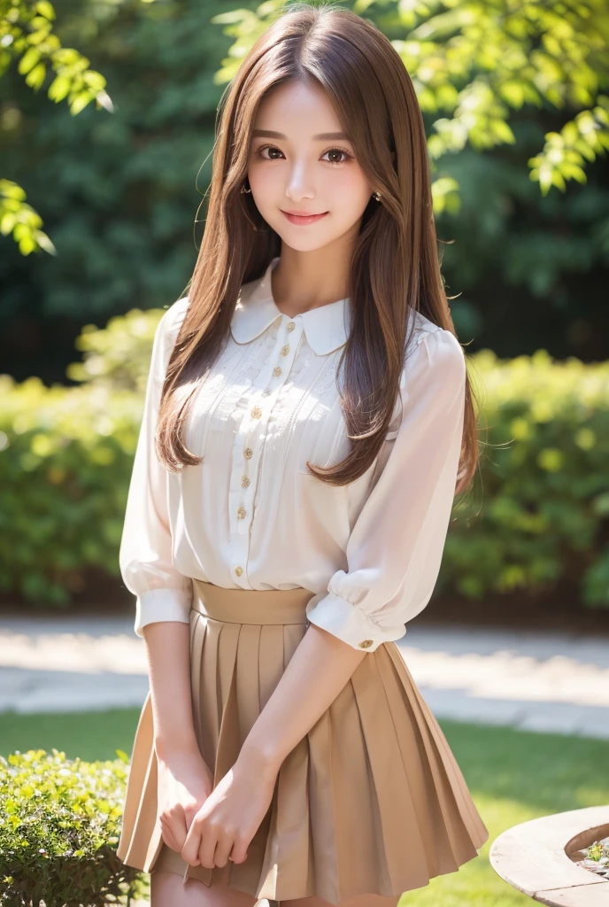 ((Very detailed, 8K, masterpiece:1.3)), One girl, e college stu kind and wholesome attitude, (long silky brown hair:1.2), (White blouse:1.1), (Knee-length pleated skirt:1.1), (Campus Garden:1.1), Glowing Skin, Delicate bone structure, Big bright eyes, Long eyelashes, Natural Makeup, A shy smile, Soft sunlight, Movie angle


