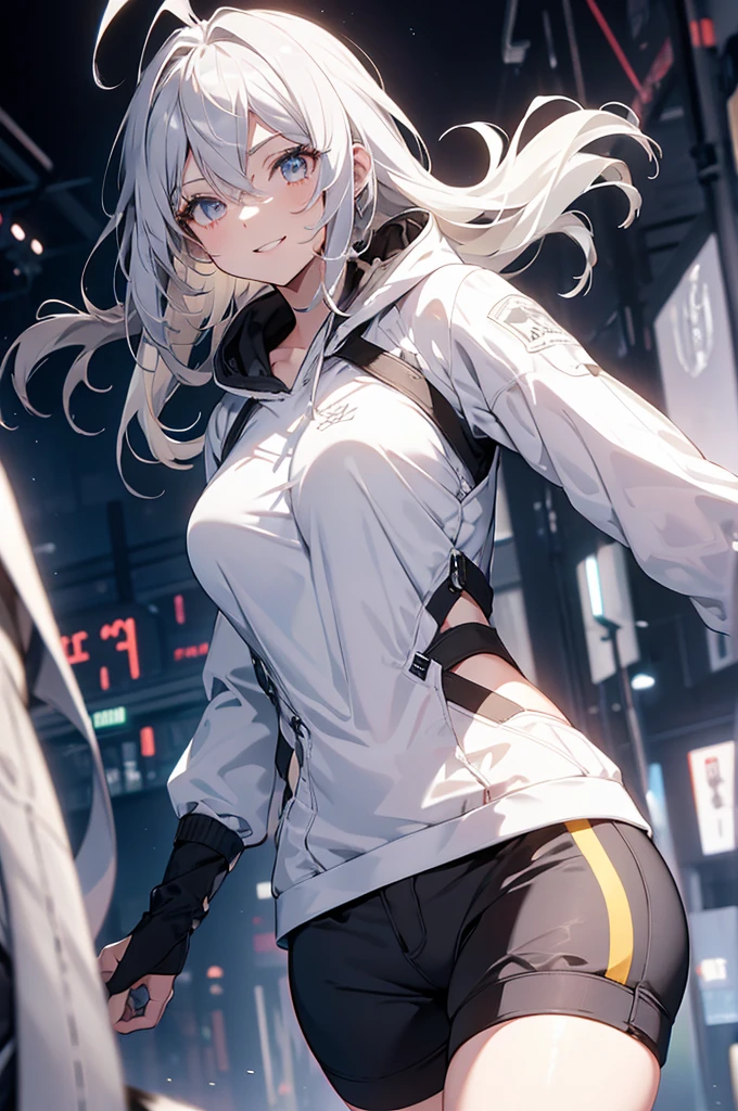  Concept Art, white Background, simple Background, White hair, Silver gradient hair , Composite cloth, Virtual YouTuber, best quality, masterpiece, Dynamic Angle, , cowboy_shooting, Watching_Back, grab, girl,Miss,woman, young,20 years old, , Hair Flip, Silver Hair, Flowing hair, Ahog, giggle, Beautiful and delicate golden eyes, teeth, Large Breasts, Blonde eyes, White skin, hoodie, Black_shorts, Gray clothes, transparent_Background, Backlighting, absurd, high resolution, Extremely detailed,sweater,Smile