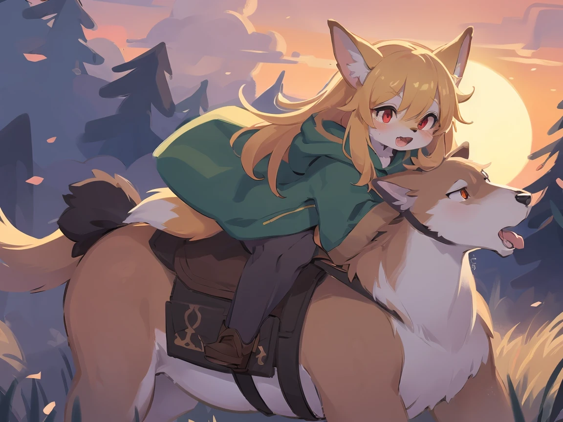 the fox, , was hairy, shaggy, skin fur, smooth lashes, golden fur, forelimb hands, straight long blonde hair, solid circle eyes, golden ears, golden fur, golden facial fur, shiny hair, red eyes, heart-shaped eyes, super cute face, 1fox tail, fluffy tail, furry tail, glowing eyes, green coat green hood down, brown trousers, riding the wolf, open mouth, pain face, embarrassed, ambient light, ultra-fine fur, dashed eyes, full body, masterpiece, high quality, high-details, best quality, (((solo))), twilight, sun light, red sky, rim light