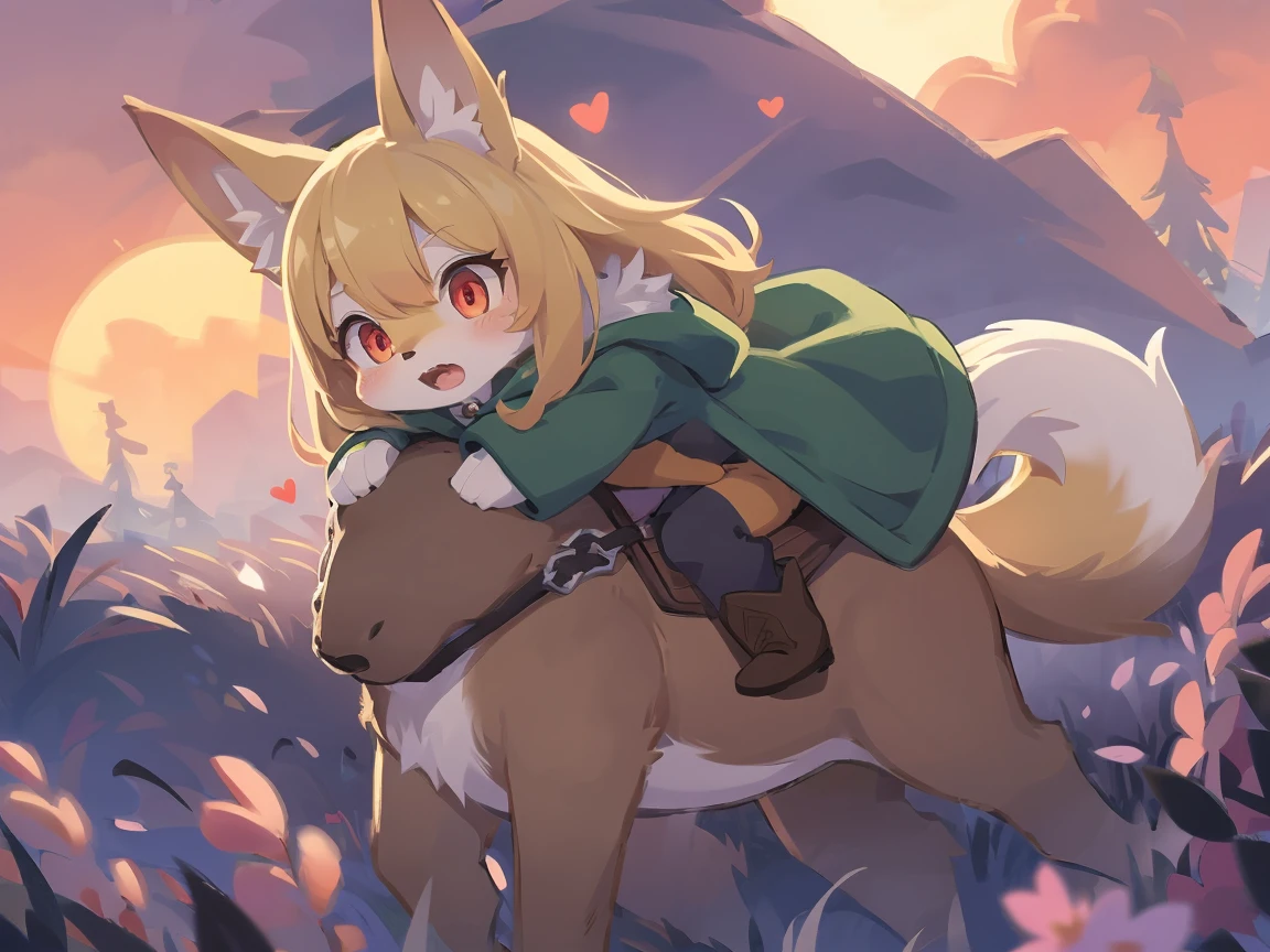 the fox, , was hairy, shaggy, skin fur, smooth lashes, golden fur, forelimb hands, straight long blonde hair, solid circle eyes, golden ears, golden fur, golden facial fur, shiny hair, red eyes, heart-shaped eyes, super cute face, 1fox tail, fluffy tail, furry tail, glowing eyes, green coat green hood down, brown trousers, riding the wolf, open mouth, pain face, embarrassed, ambient light, ultra-fine fur, dashed eyes, full body, masterpiece, high quality, high-details, best quality, (((solo))), twilight, sun light, red sky, rim light