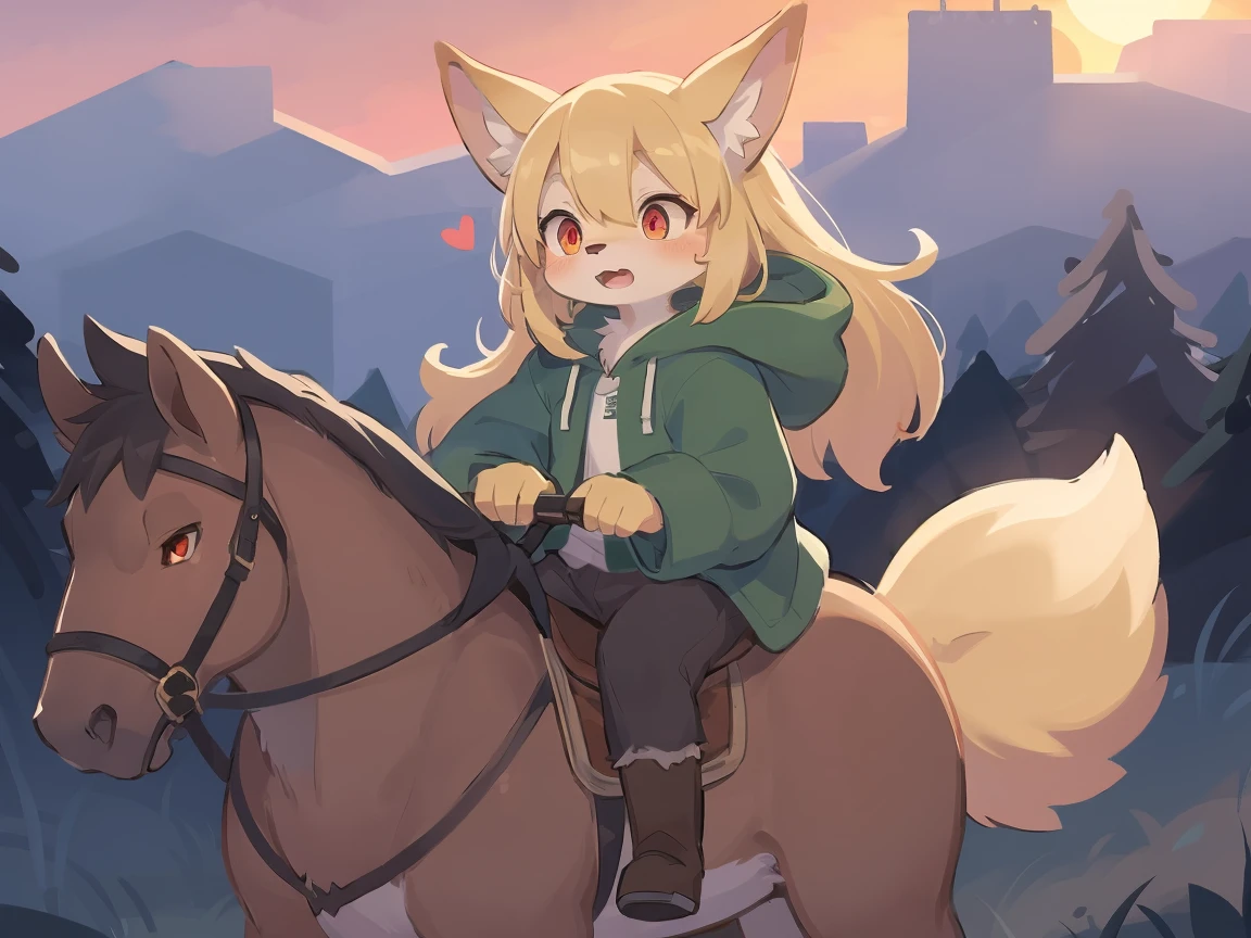 the fox, , was hairy, shaggy, skin fur, smooth lashes, golden fur, forelimb hands, straight long blonde hair, solid circle eyes, golden ears, golden fur, golden facial fur, shiny hair, red eyes, heart-shaped eyes, super cute face, 1fox tail, fluffy tail, furry tail, glowing eyes, green coat green hood down, brown trousers, riding the wolf, open mouth, pain face, embarrassed, ambient light, ultra-fine fur, dashed eyes, full body, masterpiece, high quality, high-details, best quality, (((solo))), twilight, sun light, red sky, rim light