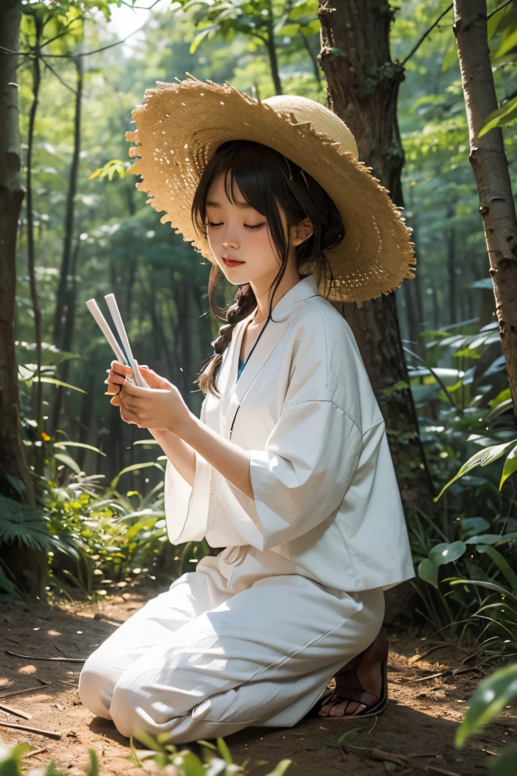 Create a young healer man with a straw hat and white clothes kneeling in the woods praying with his herbs