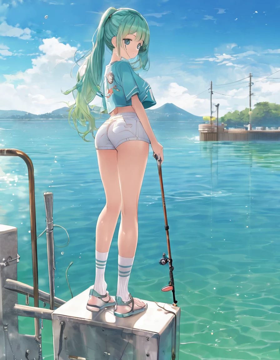 BREAK Perfect Anatomy、(High resolution:1.2)、Incredible illustrations、(Cute illustrations:1.2)、 (nsfw)(hip focus,from side ) （Beautiful background（breakwater,morning sun）) 1girl((aqua gradient hair,hair over eyes,, tanned skin: 1.5,,fang)1girl((a girl,slender 1.3meters, 30kg, (( short T-shirt, hot pants,thigh-high socks, sandals),,cameltoe,)holding a fishing rod)looking afar,open stance,beautiful ass,Kneeling