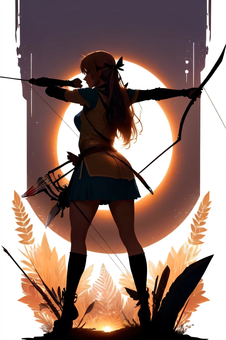 a silhouette of a woman with a Bow and Arrow, anime girl with a Bow and Arrow, with Bow and Arrow, Female shooter, holding Bow and Arrow, woman holding recurve bow, Bow and Arrow, holding a Bow and Arrow, Has a bow, aiming a Bow and Arrow, Bow and Arrow, Forest Elf with Arrows, longbow arrow, vector drawing