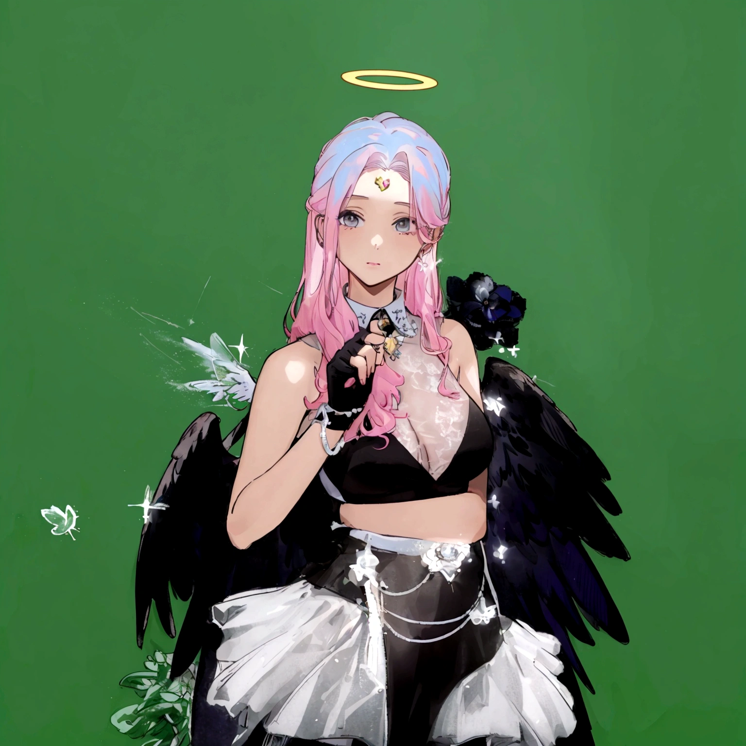 there is a woman with pink hair and angel wings posing, wearing angel halo, young wan angel, full - body majestic angel, wearing angel, villainess has black angel wings, angelic halo, angel halo, angel knight girl, as a mystical valkyrie, of an beautiful angel girl, kda, epic angel wings, npc with a saint's halo, angel knight gothic girl