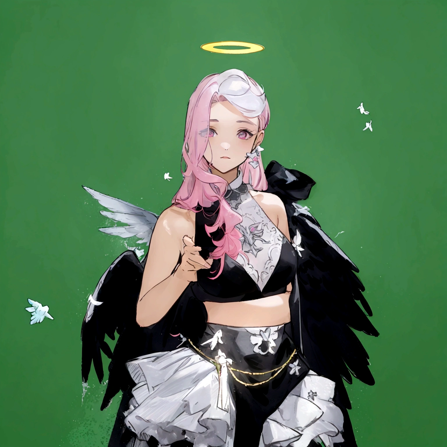 there is a woman with pink hair and angel wings posing, wearing angel halo, young wan angel, full - body majestic angel, wearing angel, villainess has black angel wings, angelic halo, angel halo, angel knight girl, as a mystical valkyrie, of an beautiful angel girl, kda, epic angel wings, npc with a saint's halo, angel knight gothic girl