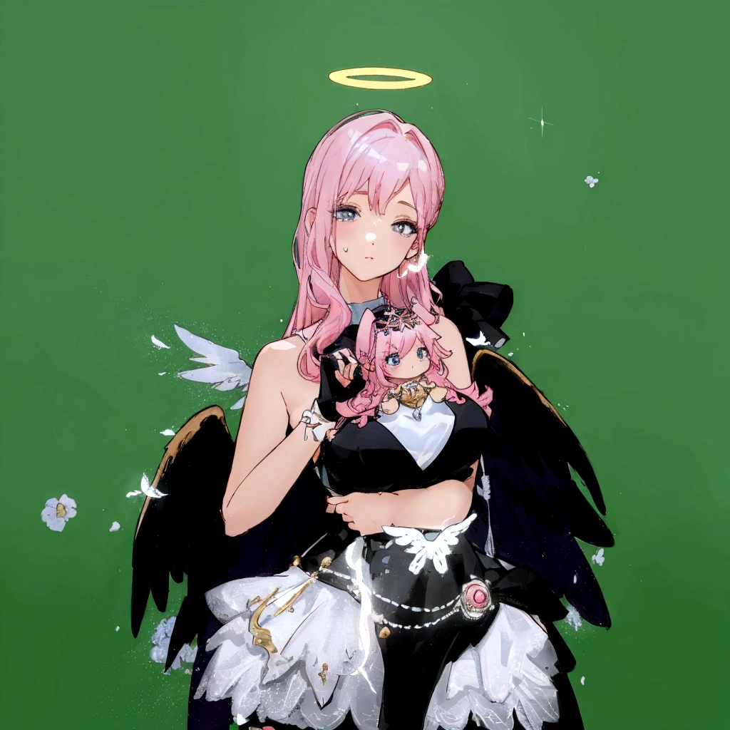 there is a woman with pink hair and angel wings posing, wearing angel halo, young wan angel, full - body majestic angel, wearing angel, villainess has black angel wings, angelic halo, angel halo, angel knight girl, as a mystical valkyrie, of an beautiful angel girl, kda, epic angel wings, npc with a saint's halo, angel knight gothic girl