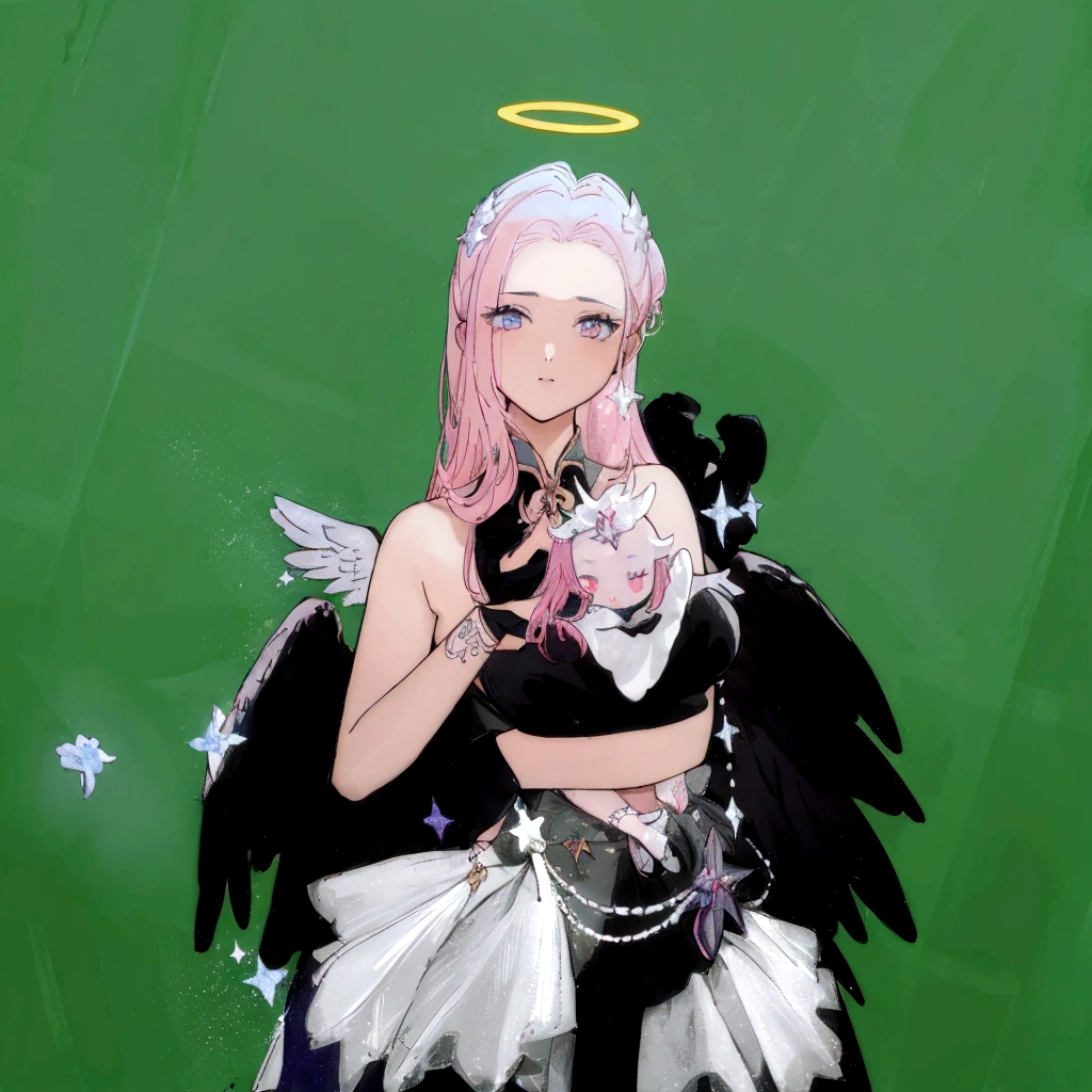 there is a woman with pink hair and angel wings posing, wearing angel halo, young wan angel, full - body majestic angel, wearing angel, villainess has black angel wings, angelic halo, angel halo, angel knight girl, as a mystical valkyrie, of an beautiful angel girl, kda, epic angel wings, npc with a saint's halo, angel knight gothic girl