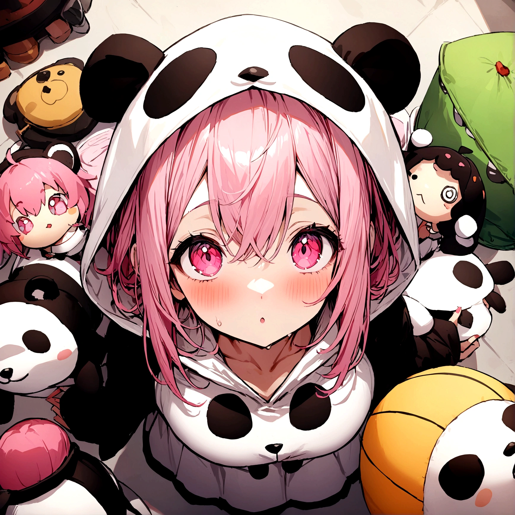 masterpiece, Highest quality,One Girl,Pink Hair,Pink Eyes,Very detailed,a bit,Panda Ten-Eyed Costume,Looking up at the audience,stuffed toy ,UFO catcher seen from above, Character Doll,