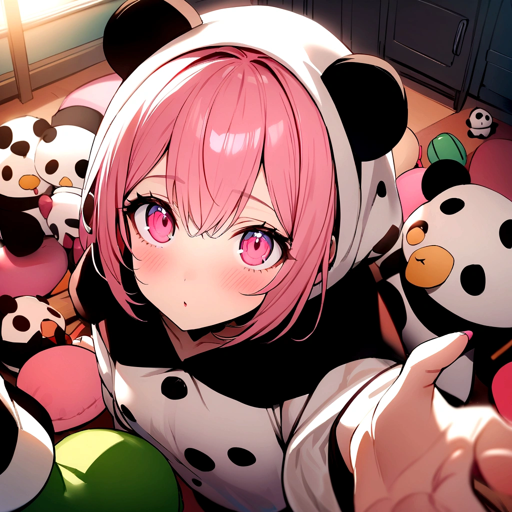 masterpiece, Highest quality,One Girl,Pink Hair,Pink Eyes,Very detailed,a bit,Panda Ten-Eyed Costume,Looking up at the audience,stuffed toy ,UFO catcher seen from above, Character Doll,