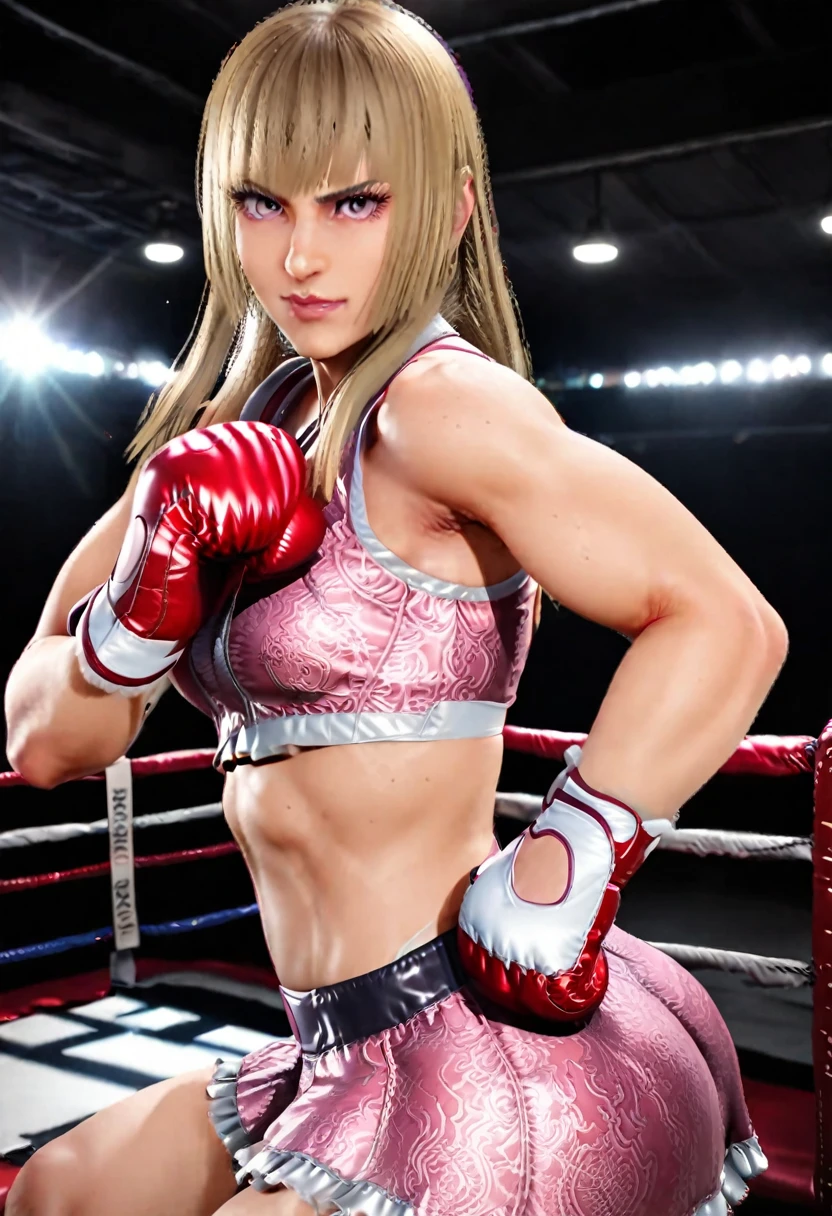 Woman boxer, handsome face, sports bra, boxing gloves, toned, boxing stance, looking at viewer