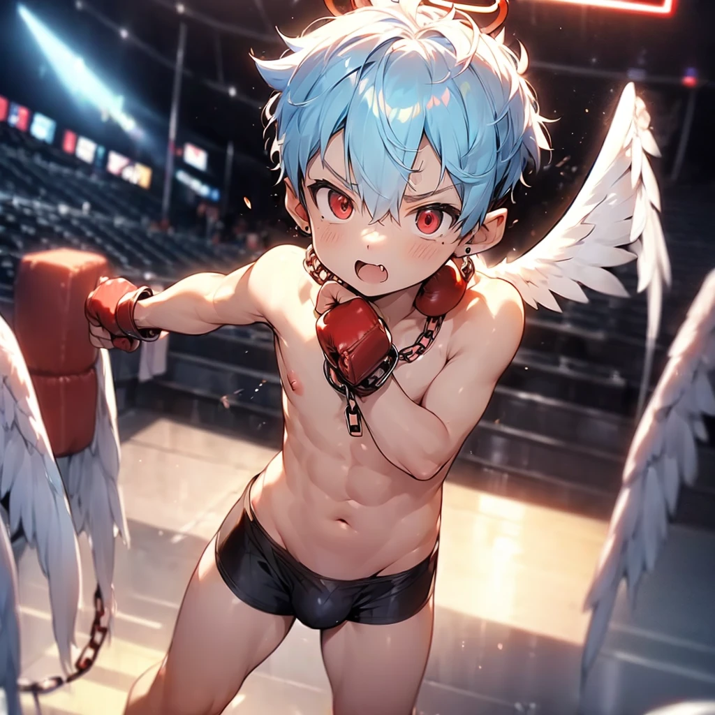(solo:2), (boldline:-1.7), (brave:1.3), (fighting pose:1.5), (twin angel wings on his back:1.6), (halo on his head:1.3), (standing on stage:1.5), BREAK (red boxing groves:1.8), (((fang))), (((best finger))), (((best arms))), (((best legs))), BREAK (best quality:1.5), (absolutely resolution:1.4), (ultra detailed:1.5), (masterpiece:1.5), (perfect face), (detailed face), (detailed eyes), (best eyes), (cute face), (shota:2), BREAK (topless:2), BREAK (red speedos:1.5), (bulge:1.6), (skinny:1.3), BREAK (light blue hair:1.5), (spiked hair), (wine red eyes:1.4), (eyes with highlight:1.6), ((mole under eye)), (sweaty skin), (singing:1.4), ((earrings)), (angry:1.3), (shiny skin:1.3), BREAK (stadium:1.5), (spot light), ((wind blowing)), ((nipple)), (abs), (groin), BREAK (chain around neck:1.5), (shackles:1.6), from above, upper body, (face close up),