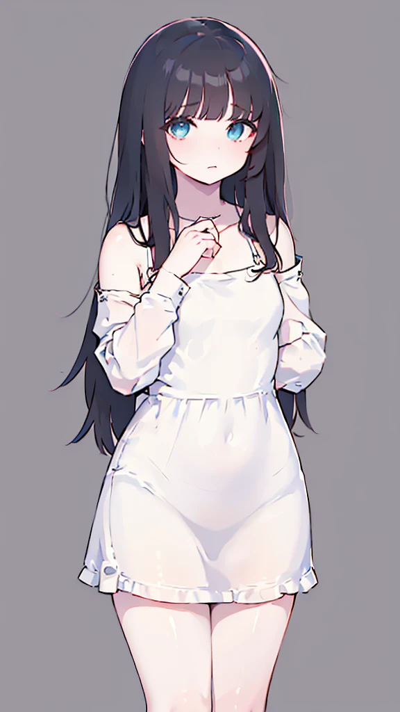 (Long straight black hair,Air bangs),(innocent,Big aqua eyes,like a gem),(C cup,Petite stature,fair skin),(Only wearing a pure white dress,Flat mouth,spaghetti straps),(The length of the dress should not exceed the thigh,You should be able to see the curve of your thighs),(Replace the background in the label with a solid black and gray background),(Put your hands down by your sides,Standing,Looks a little shy)